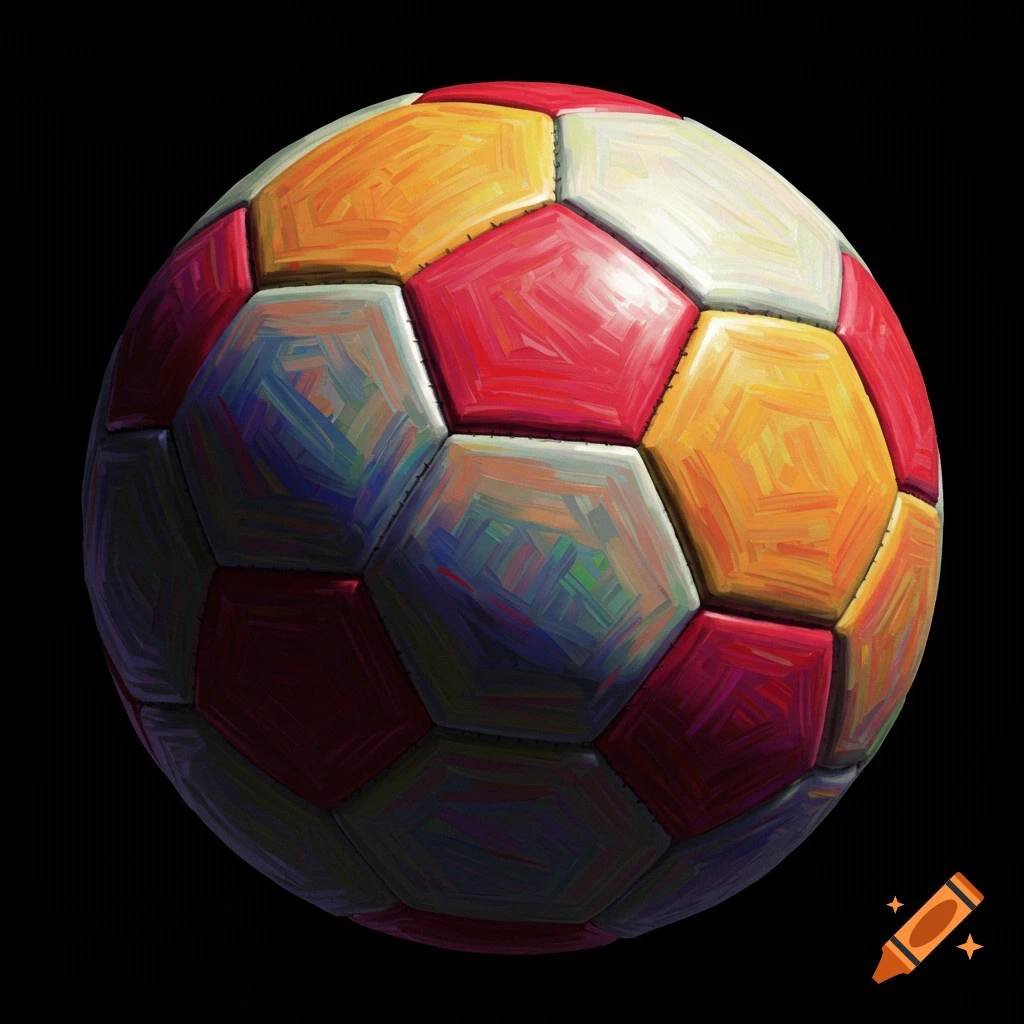 A multicolor soccer ball on a black background.