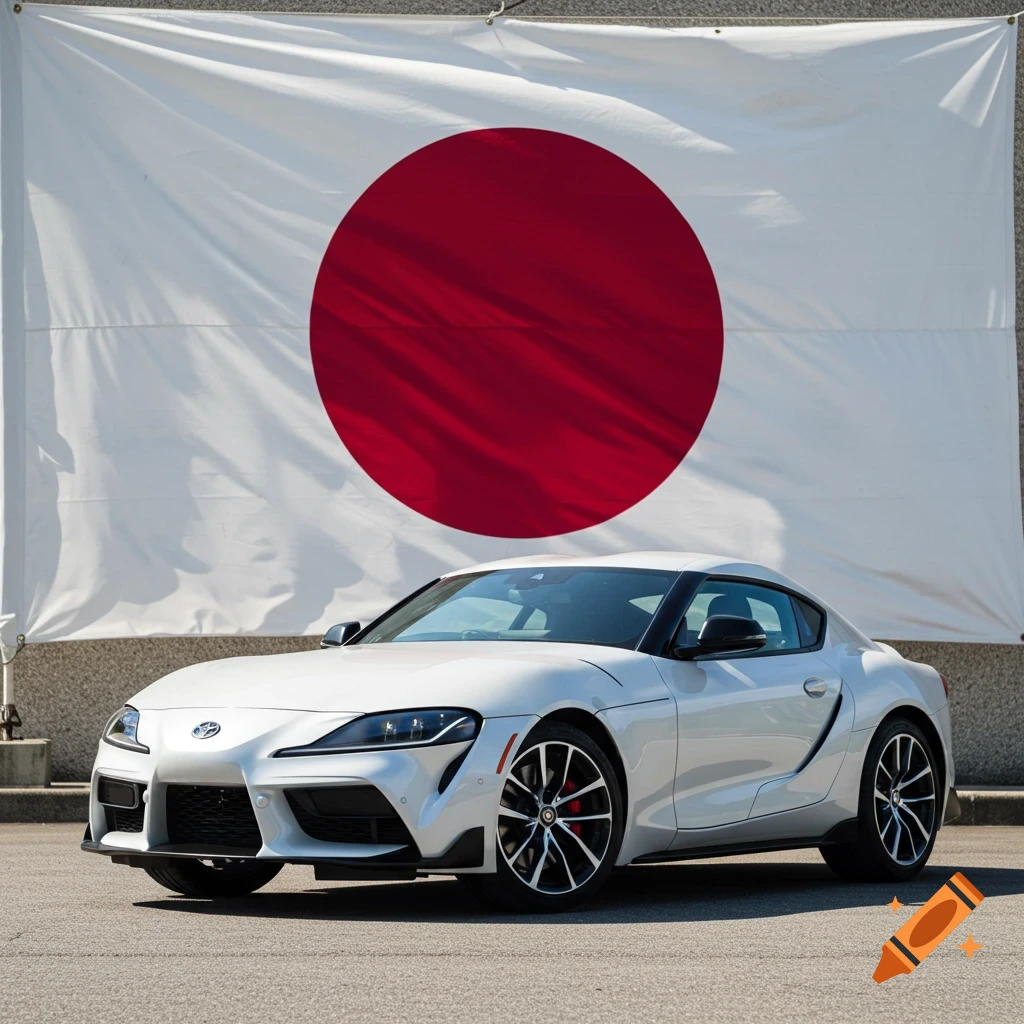 A white Toyota Supra sports car is parked in front of a large Japanese flag.