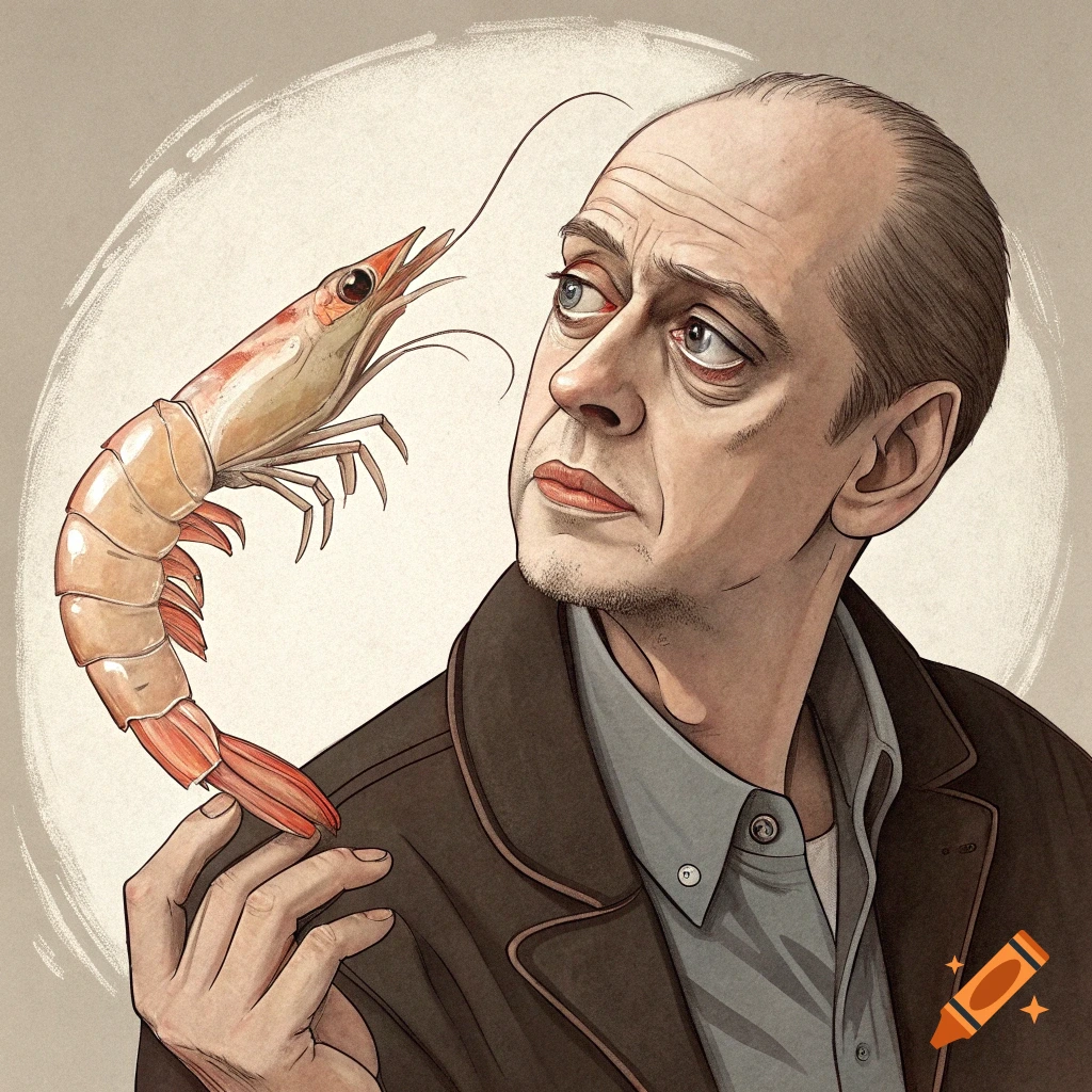 Illustration of a man looking at a large shrimp held in his hand.
