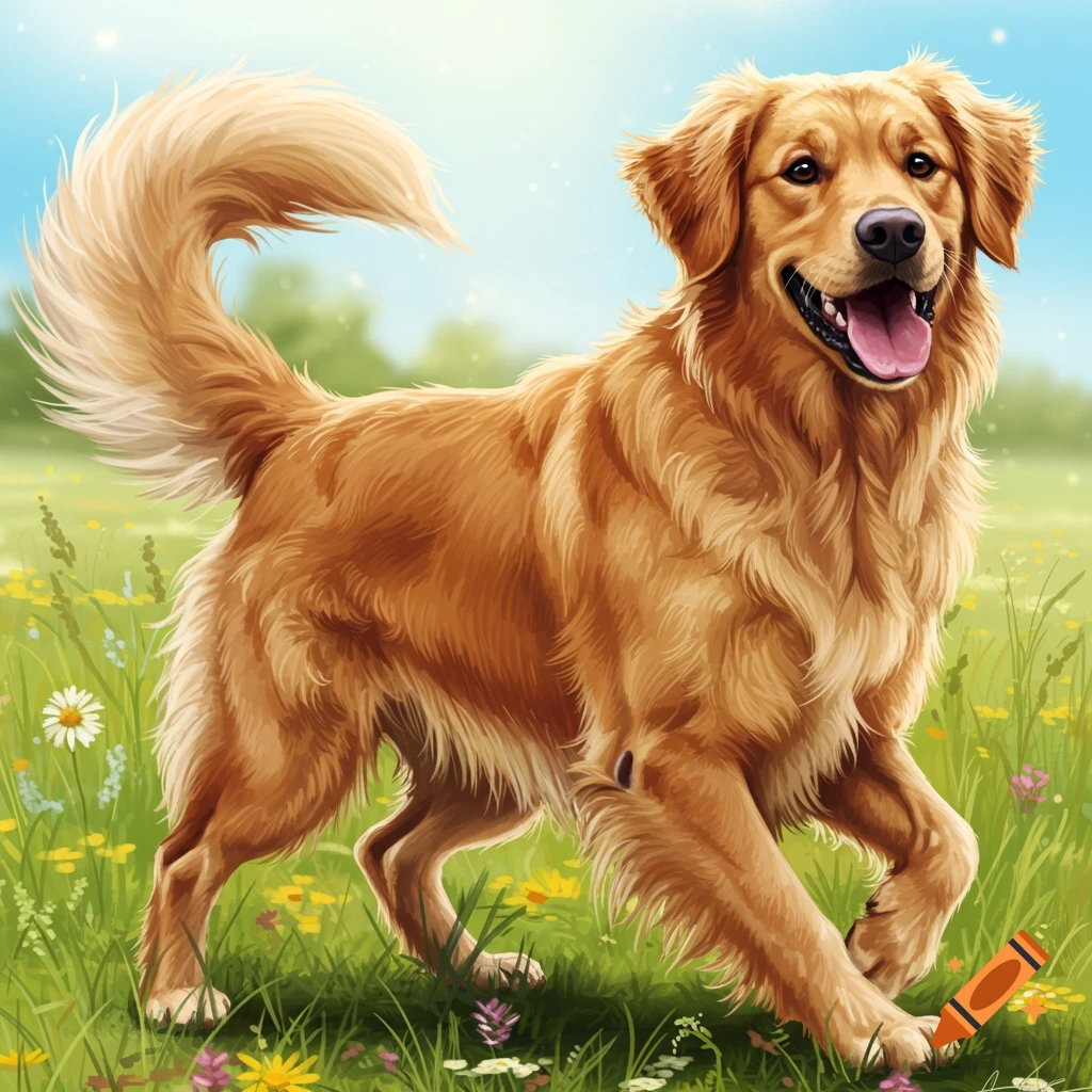 A golden retriever running through a field of flowers.