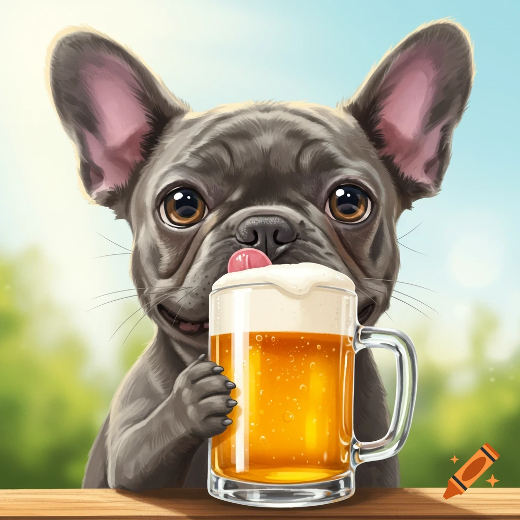 A French bulldog holding a glass of beer and licking the foam.
