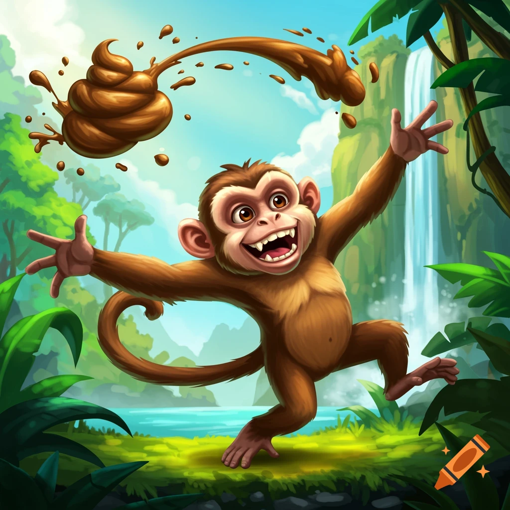 Cartoon monkey in a jungle throws a clump of poop. Lush greenery and waterfall in background.
