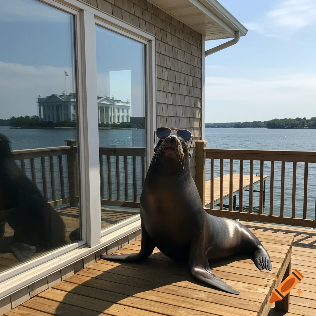 A sea lion wearing aviator sunglasses sits on a deck railing overlooking a lake, with the White House reflected in a window.
