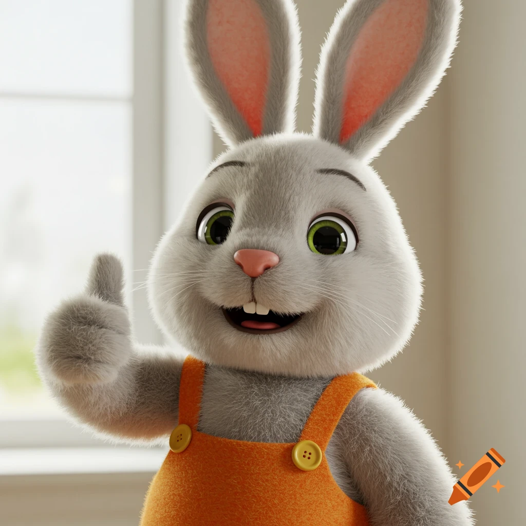 A fluffy gray and orange plush bunny gives a thumbs up.