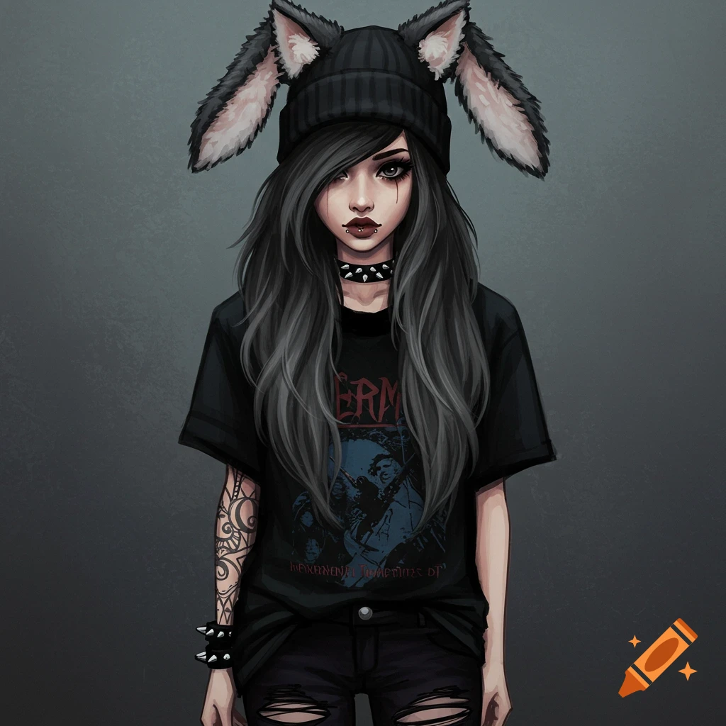 An emo girl with long black hair, bunny ear beanie, piercings, and band t-shirt.
