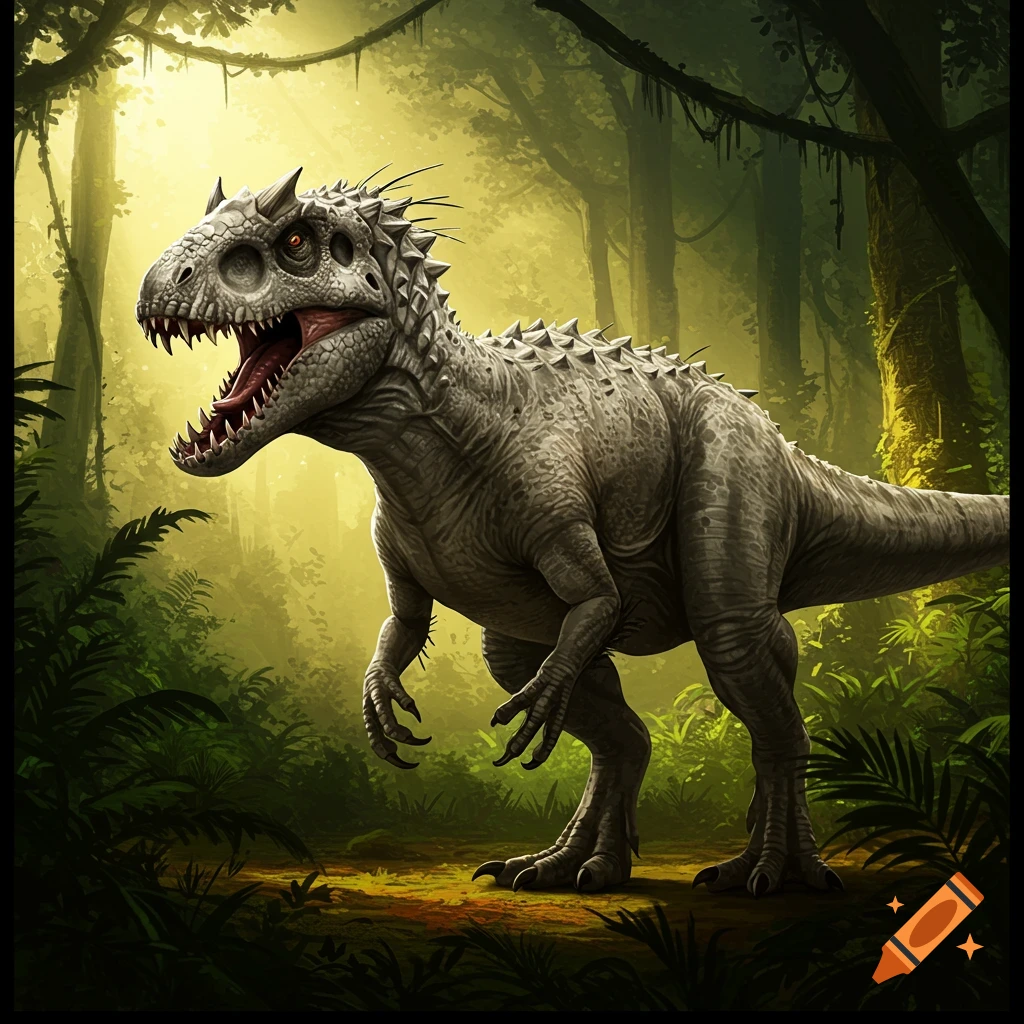 Indominus Rex roaring in a jungle.