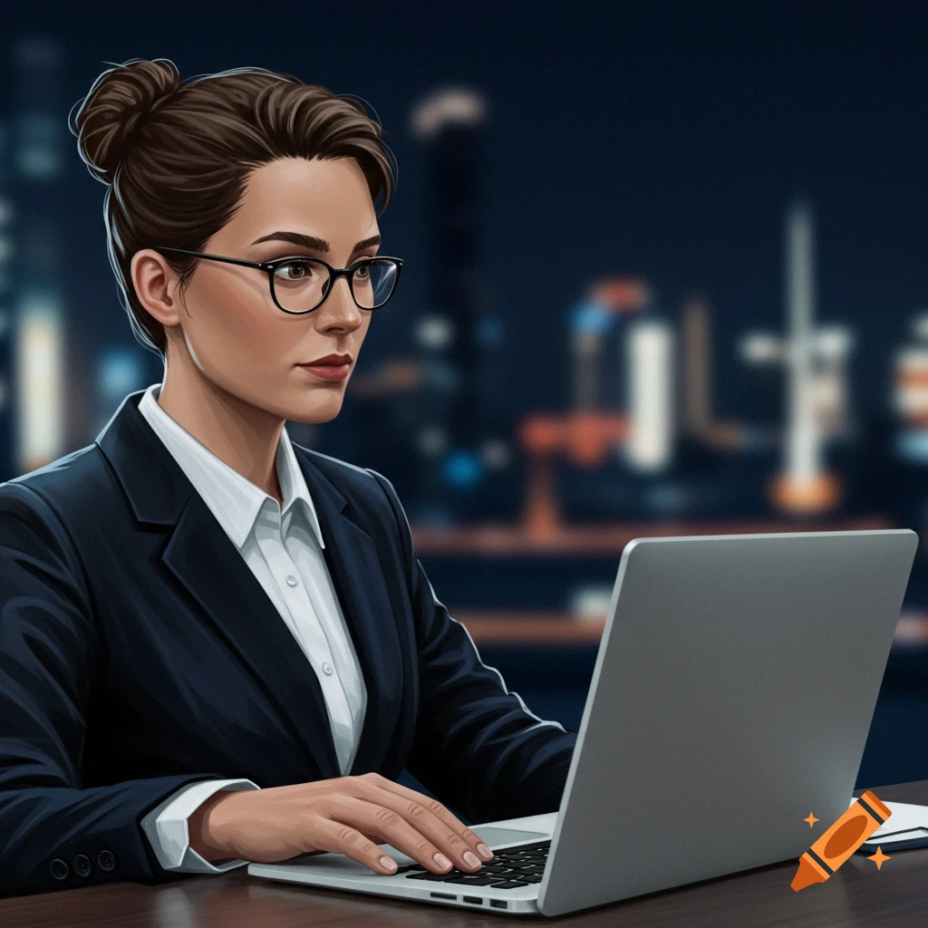 A woman in a suit is working on a laptop with a blurry city in the background.
