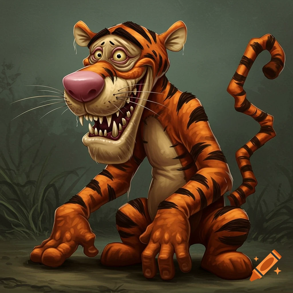 A grotesque, unsettling cartoon tiger with sharp teeth and large eyes, crouching in a dark landscape.