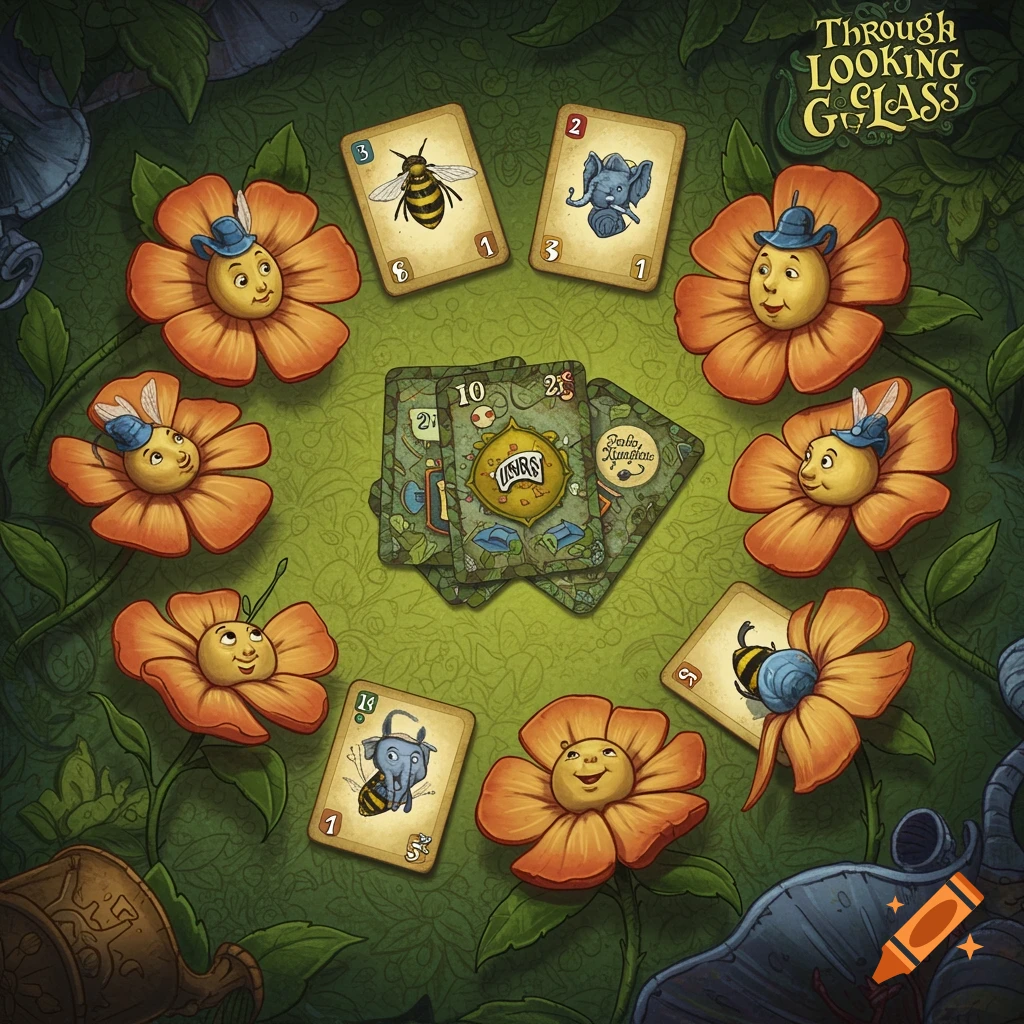An illustration featuring anthropomorphic flowers, bees, and elephants surrounding game cards on a leaf background, in an Alice in Wonderland style.