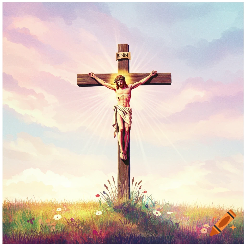 Jesus on the cross in a field under a cloudy sky