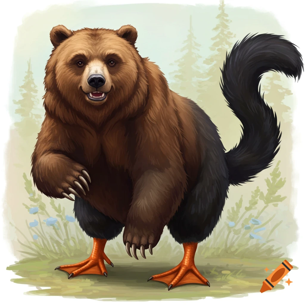 A bear with duck feet and a cat tail standing in a forest.