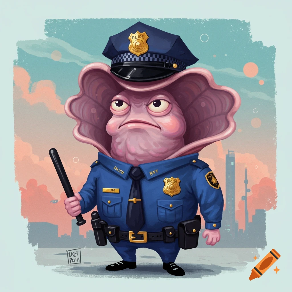 Cartoon of a clam dressed in a police uniform holding a baton.