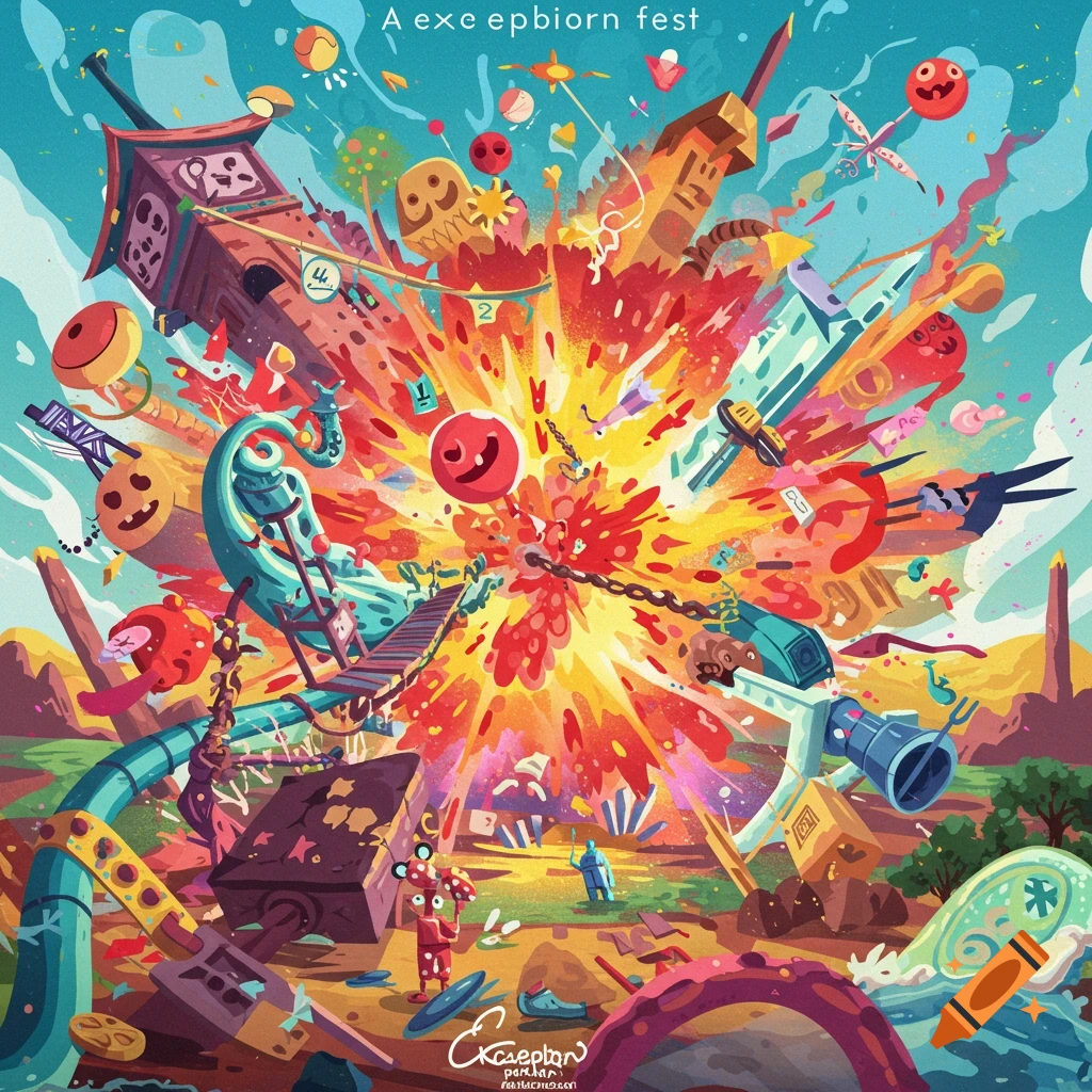 Colorful, chaotic surreal explosion with characters and objects.