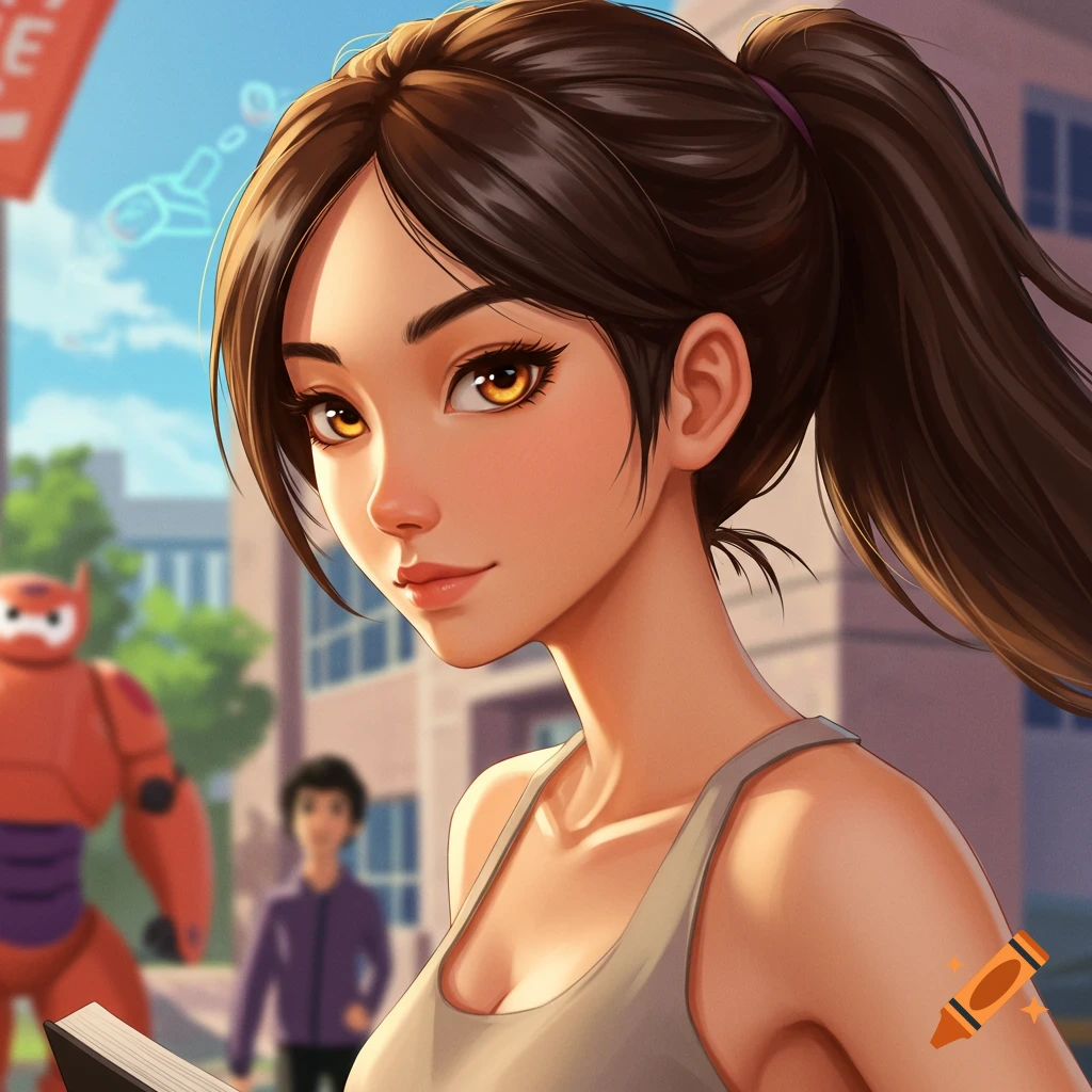 A young woman with a ponytail and amber eyes in a tank top is holding a book, with Big Hero Six characters in the blurred background.