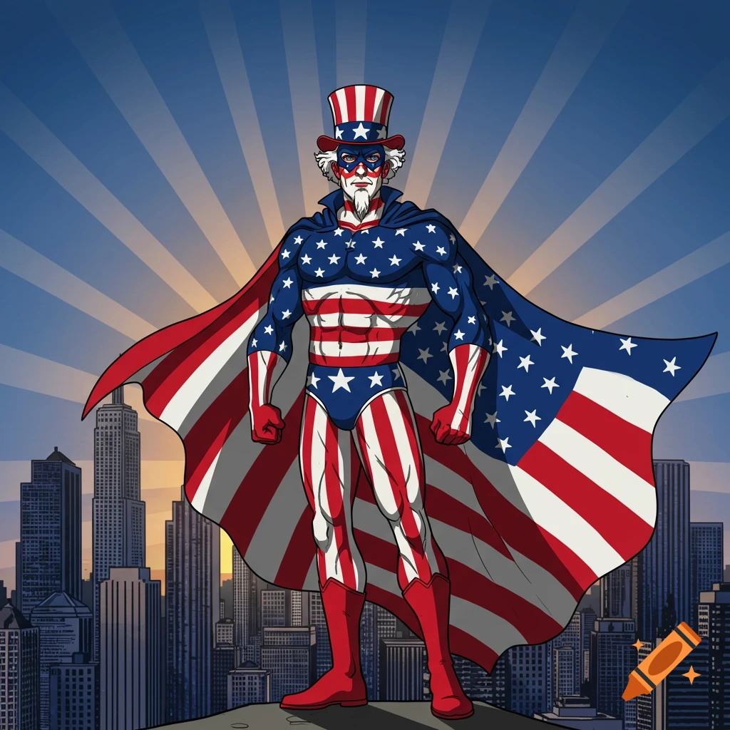 A patriotic superhero resembling Uncle Sam, wearing a stars and stripes costume and cape, standing over a city skyline.