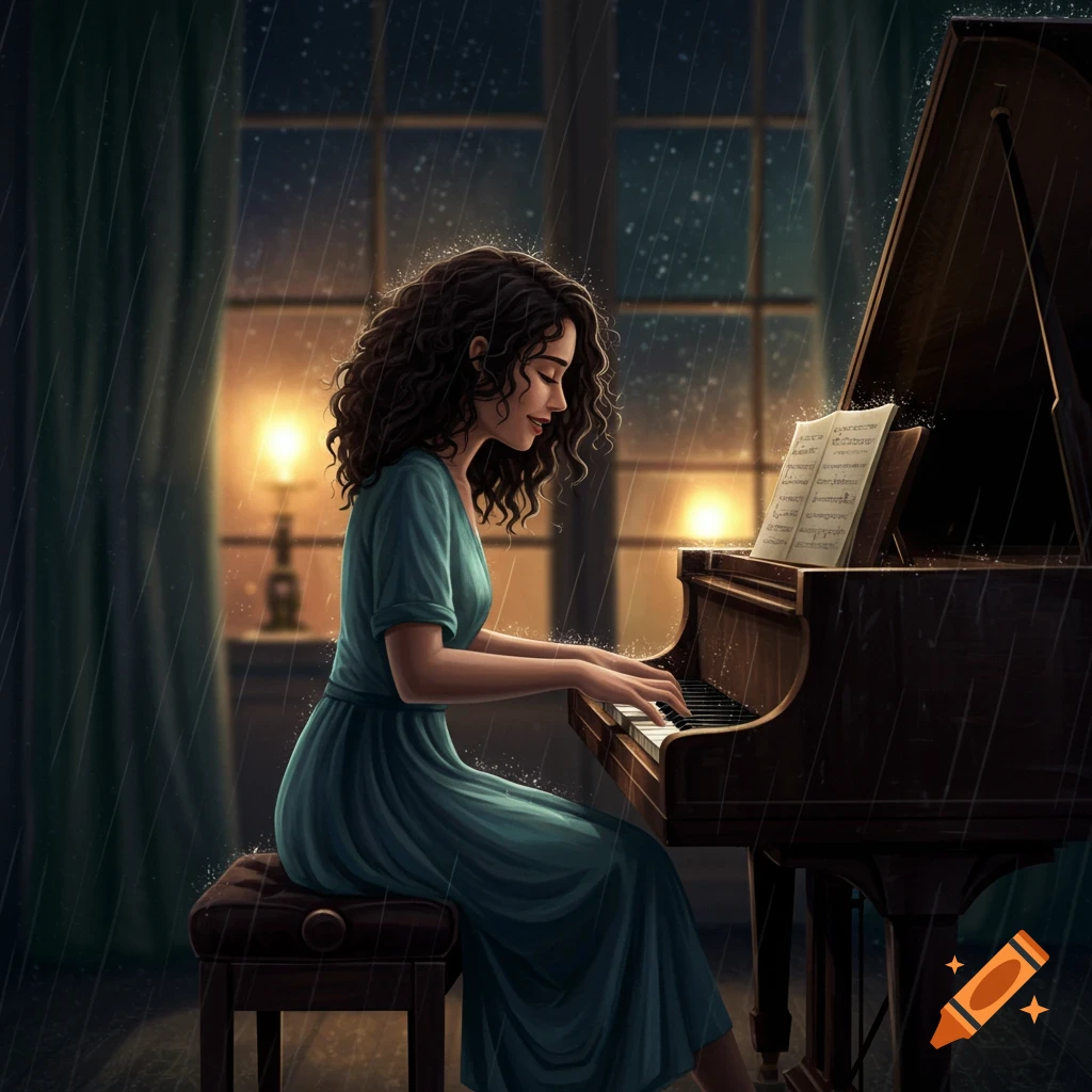 A woman plays the piano by a window during a rainstorm.