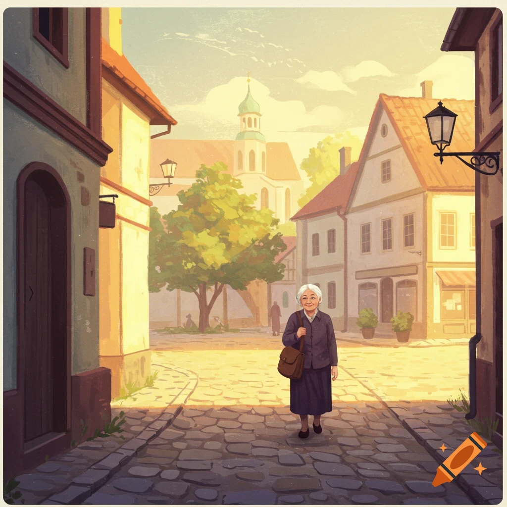 An elderly woman walks through a sunlit cobblestone town square.