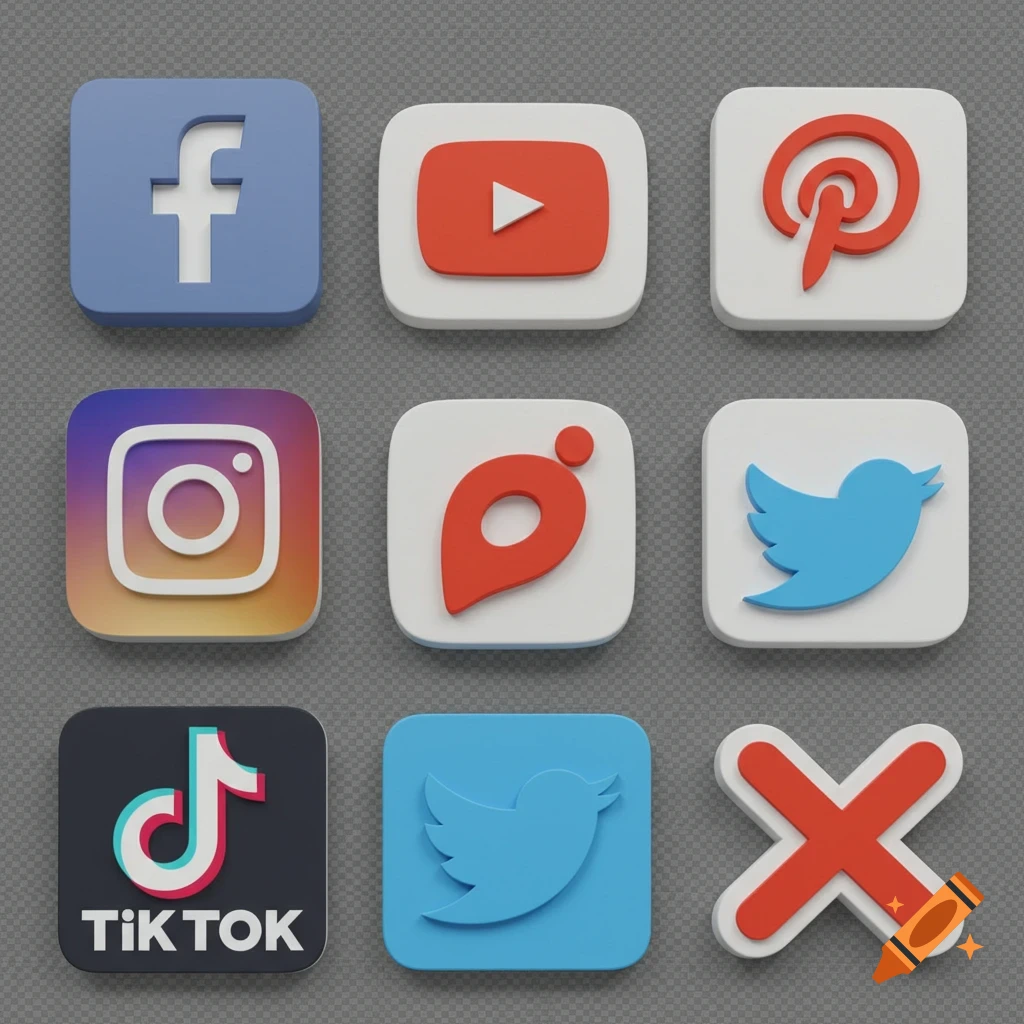 3D icons of social media logos including Facebook, YouTube, Pinterest, Instagram, TikTok, Twitter, a red blob, and a red X arranged in a grid.
