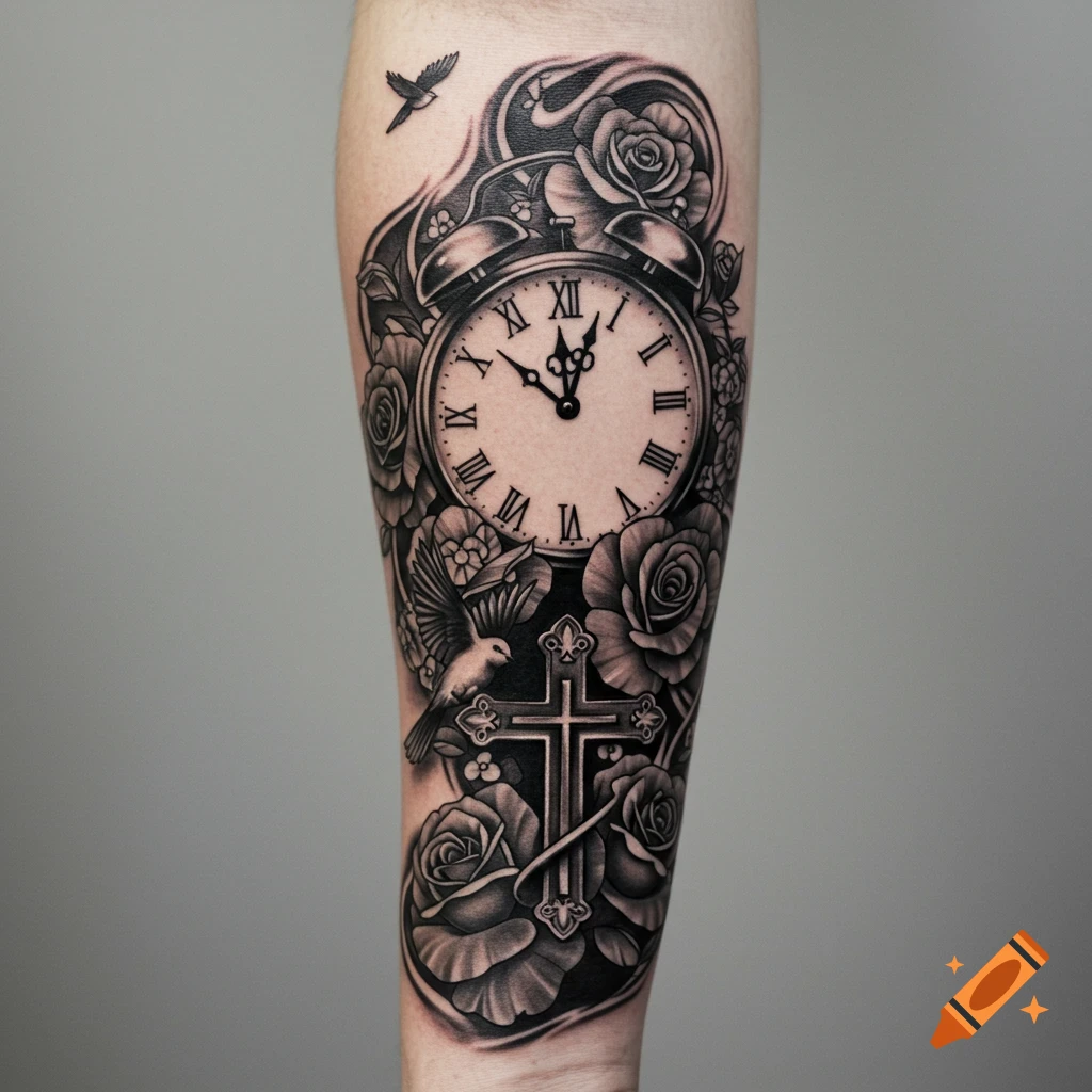 Black and grey tattoo design of an alarm clock, roses, dove, cross, and birds on an arm.