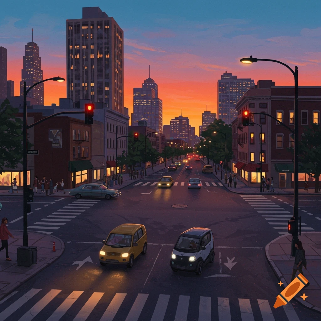 A busy city intersection at sunset