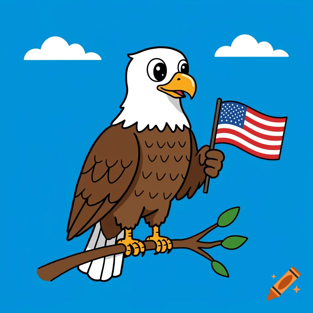 Cartoon American eagle holding American flag on branch, blue sky background.