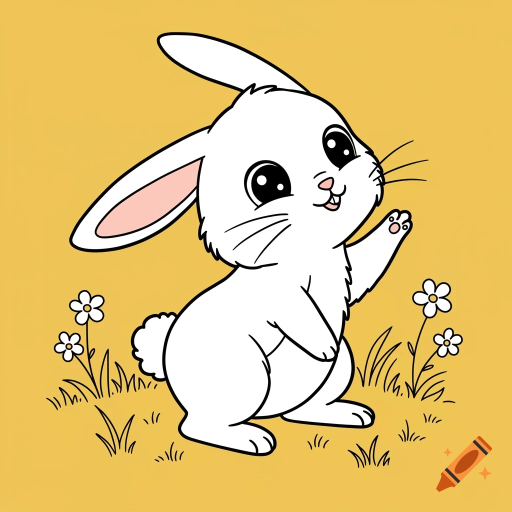 A cute cartoon white bunny with big eyes waves, standing in grass with flowers against a yellow background.