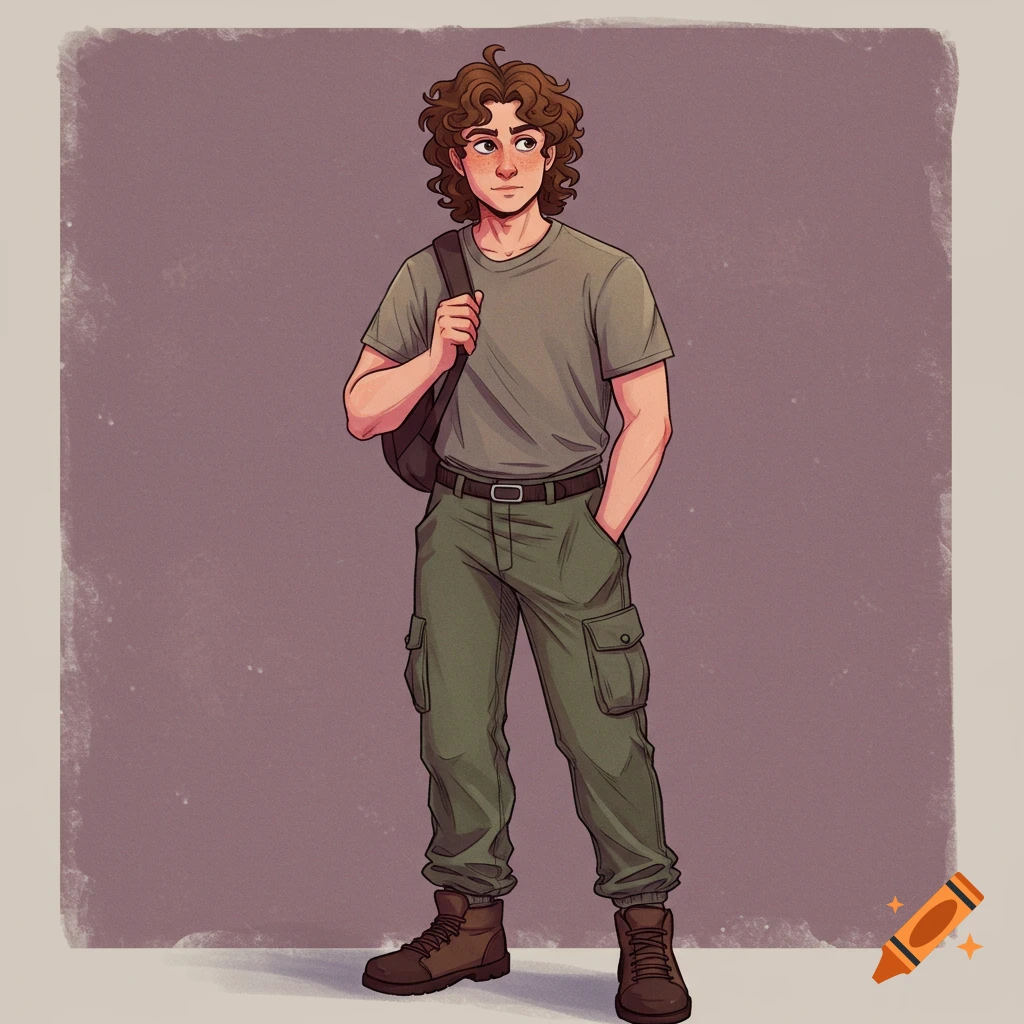 A young man with curly brown hair is wearing a t-shirt, cargo pants, and backpack.