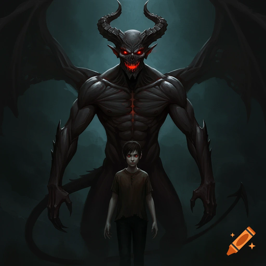 A large, dark demon stands behind a child with red eyes.