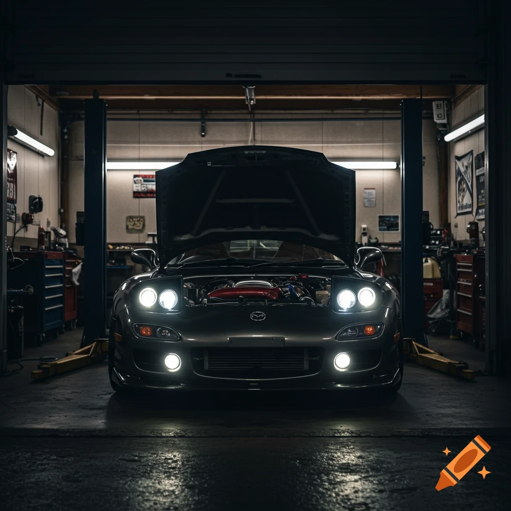 A dark gray Mazda RX-7 with its hood open sits under shop lights in a garage.
