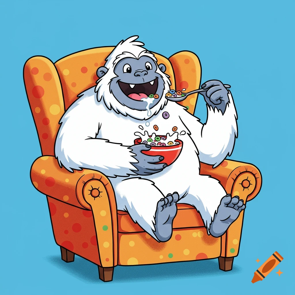 Cartoon illustration of a yeti sitting in an orange armchair and eating a bowl of colorful cereal.