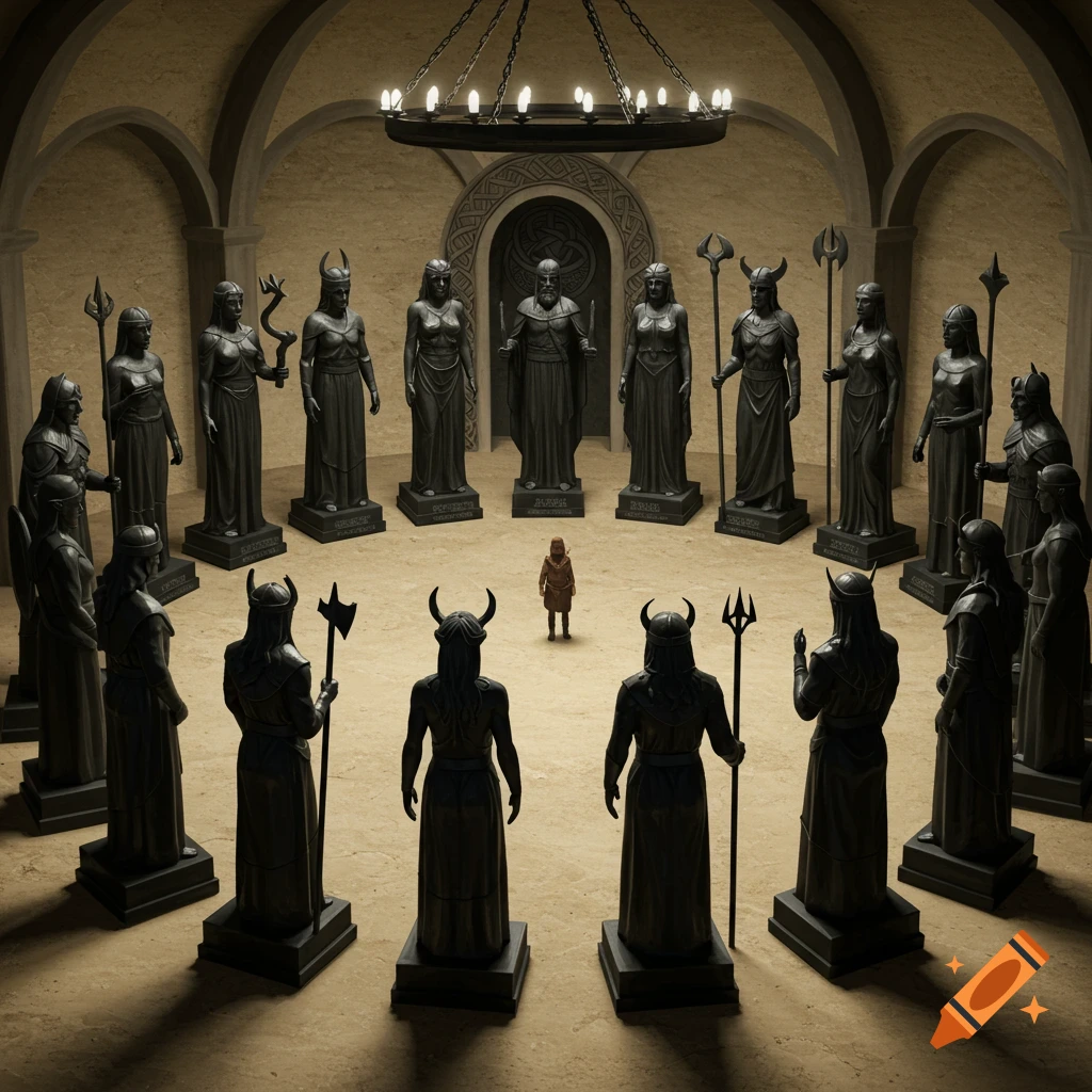 A small person stands surrounded by a circle of large black statues in a circular beige room.