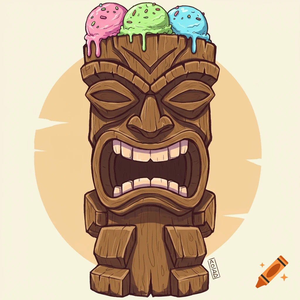 Cartoon illustration of a tiki idol with three scoops of ice cream on top.