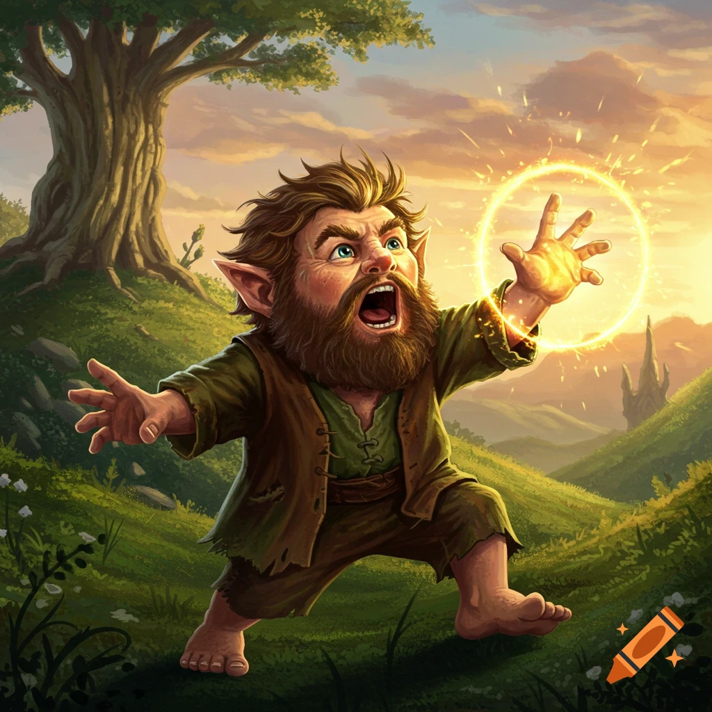 A bearded hobbit-like creature yells while casting a spell in a hilly landscape at sunset.