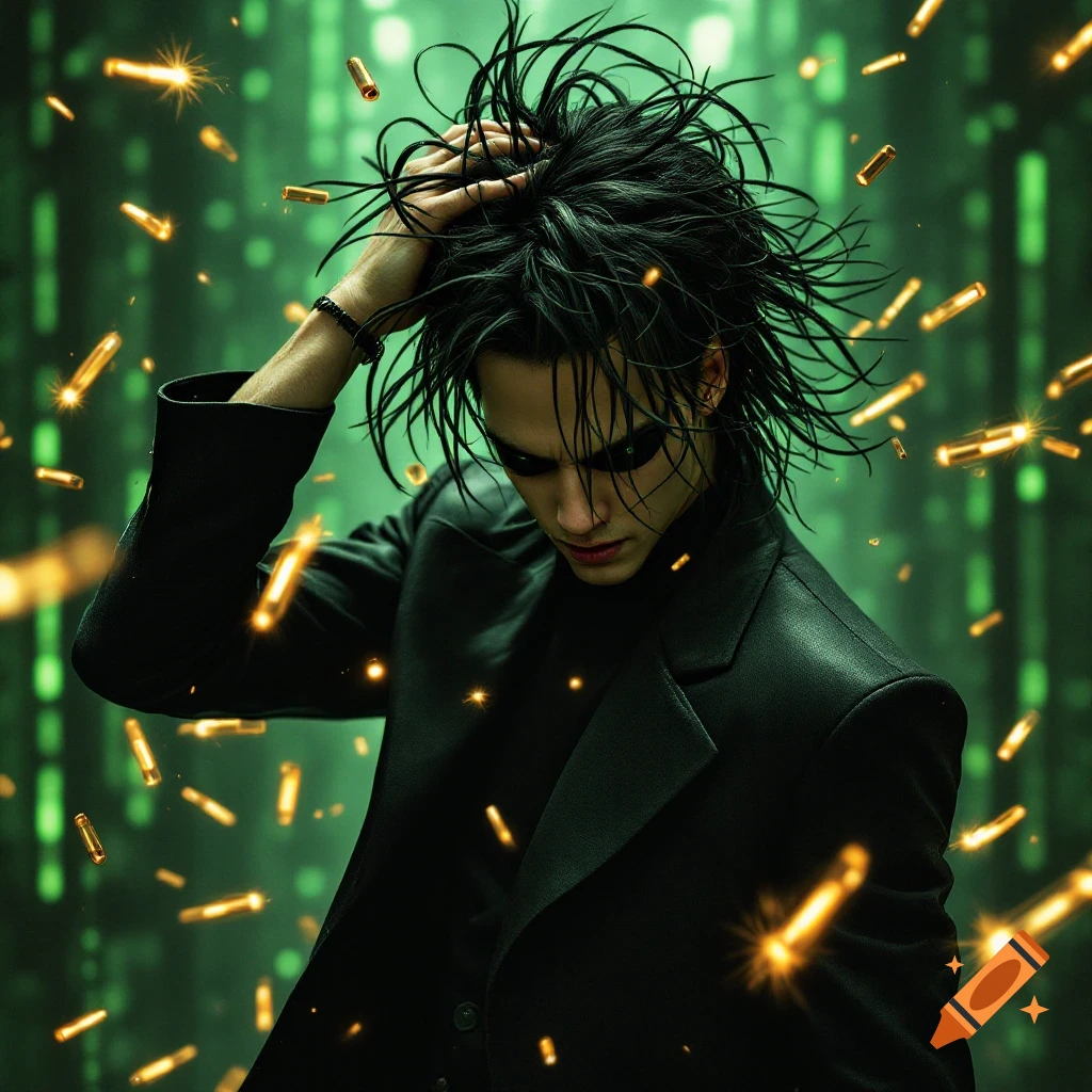 Person in suit dodging stylized bullets against a green digital background, inspired by The Matrix.
