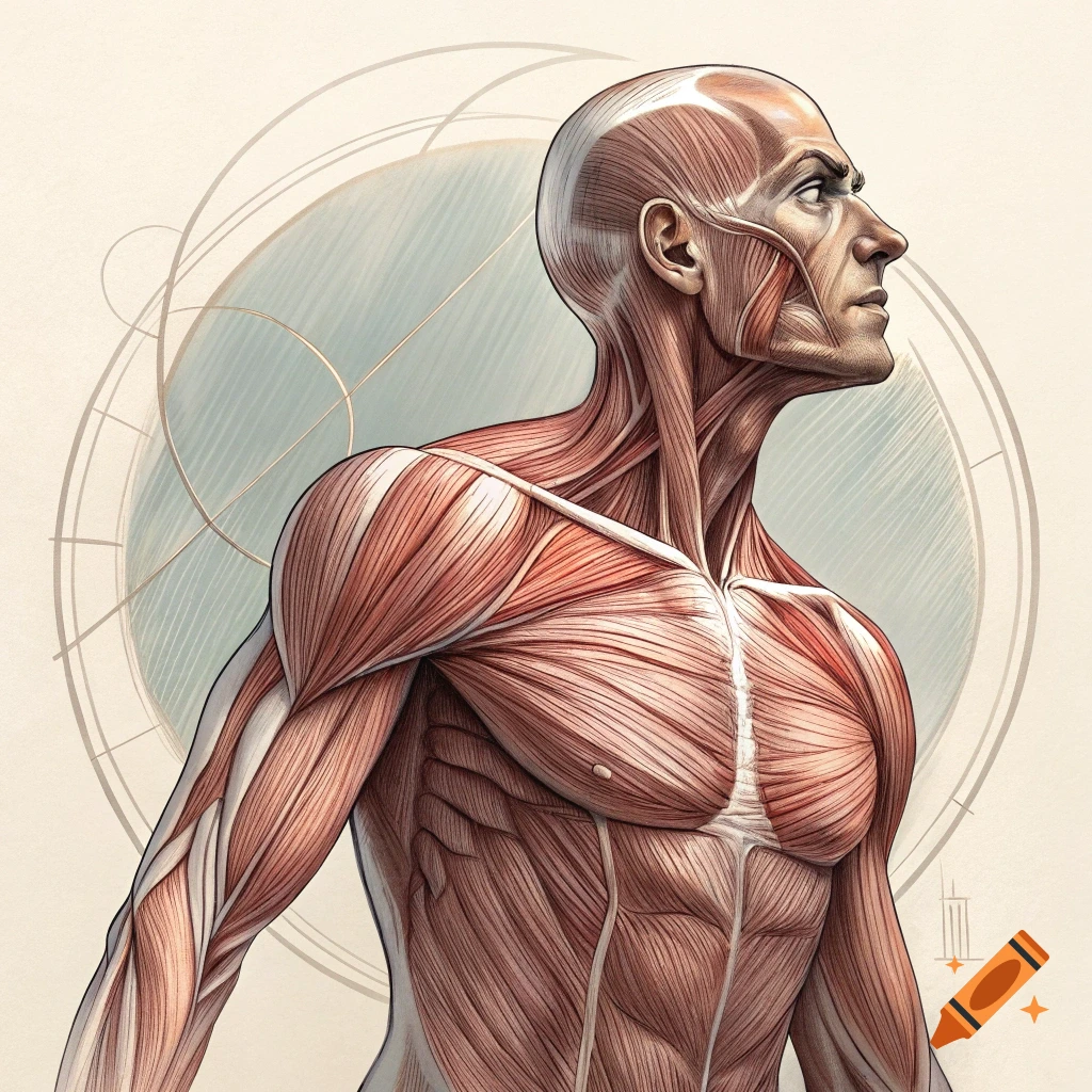 Detailed anatomical illustration of human muscles and skeleton from the chest up.