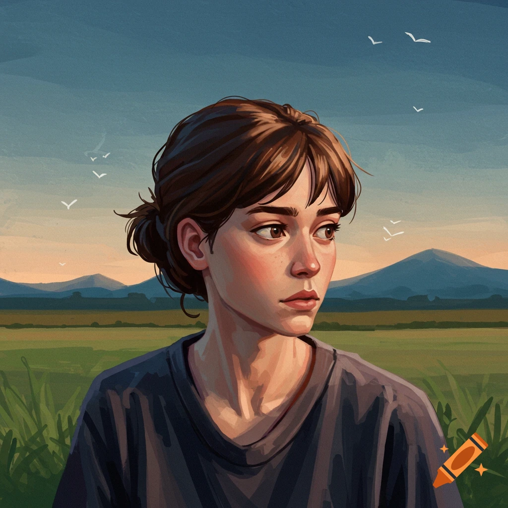 Portrait of a young woman looking away in a field at sunset.