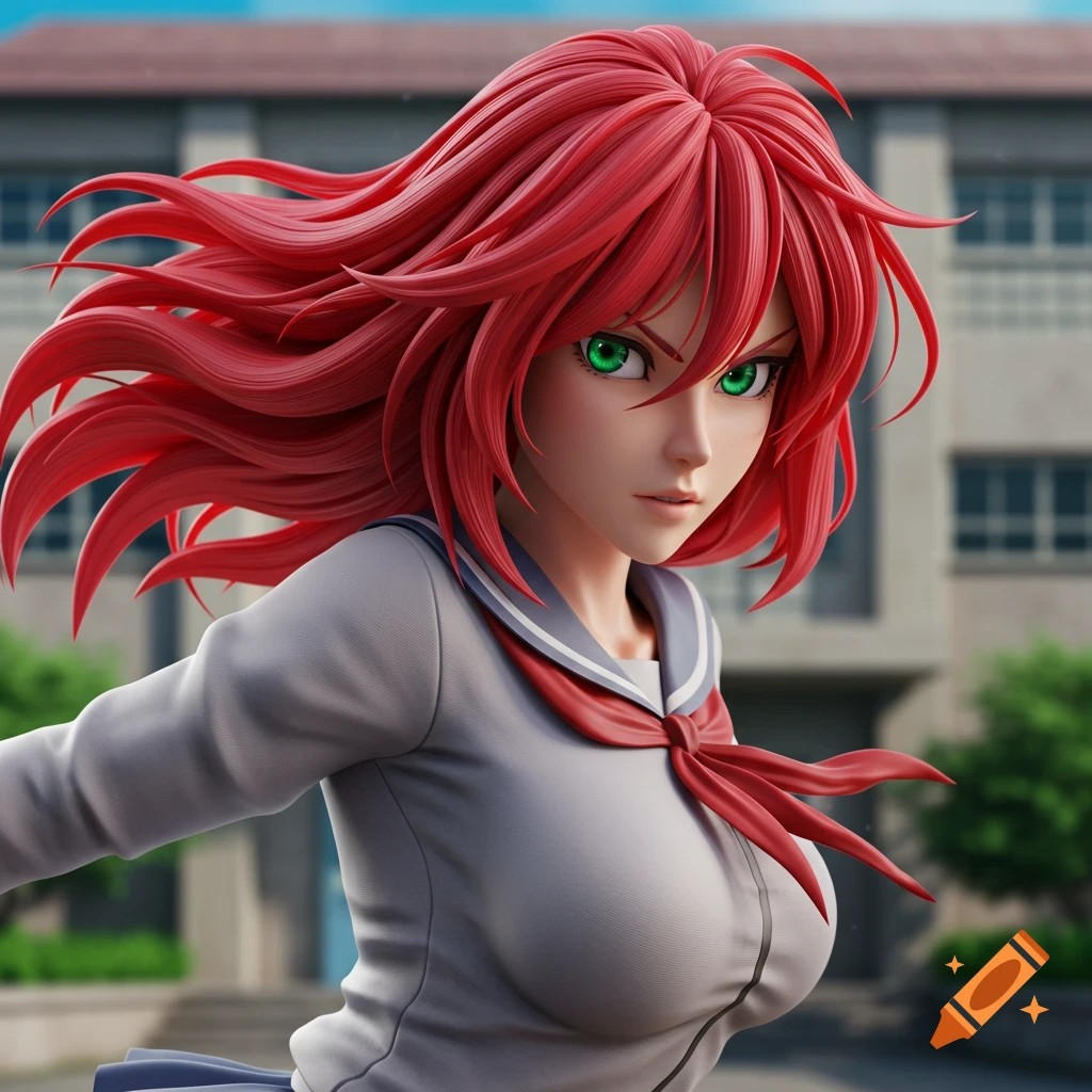 3D realistic rendering of an anime character with red hair and green eyes in a school uniform in front of a school