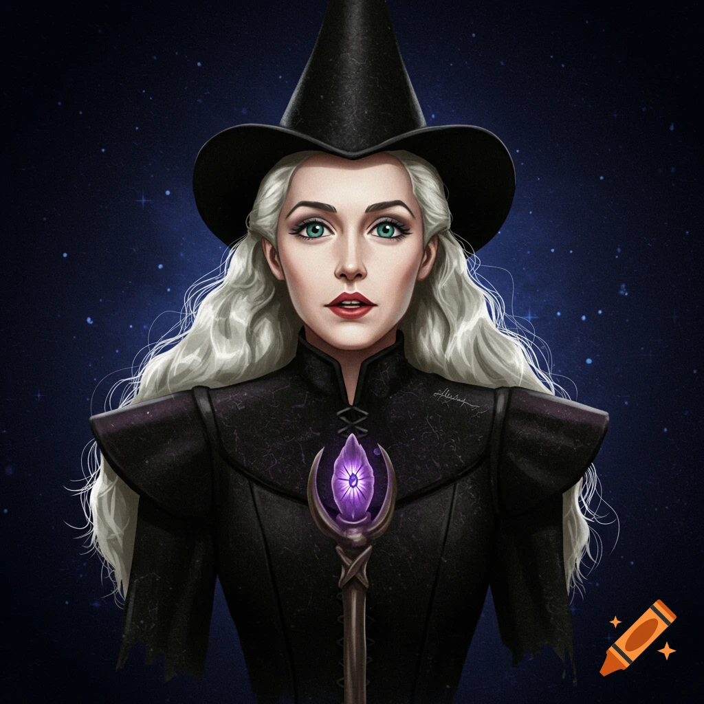 Portrait of a witch with white hair and a staff holding a purple crystal against a starry sky.