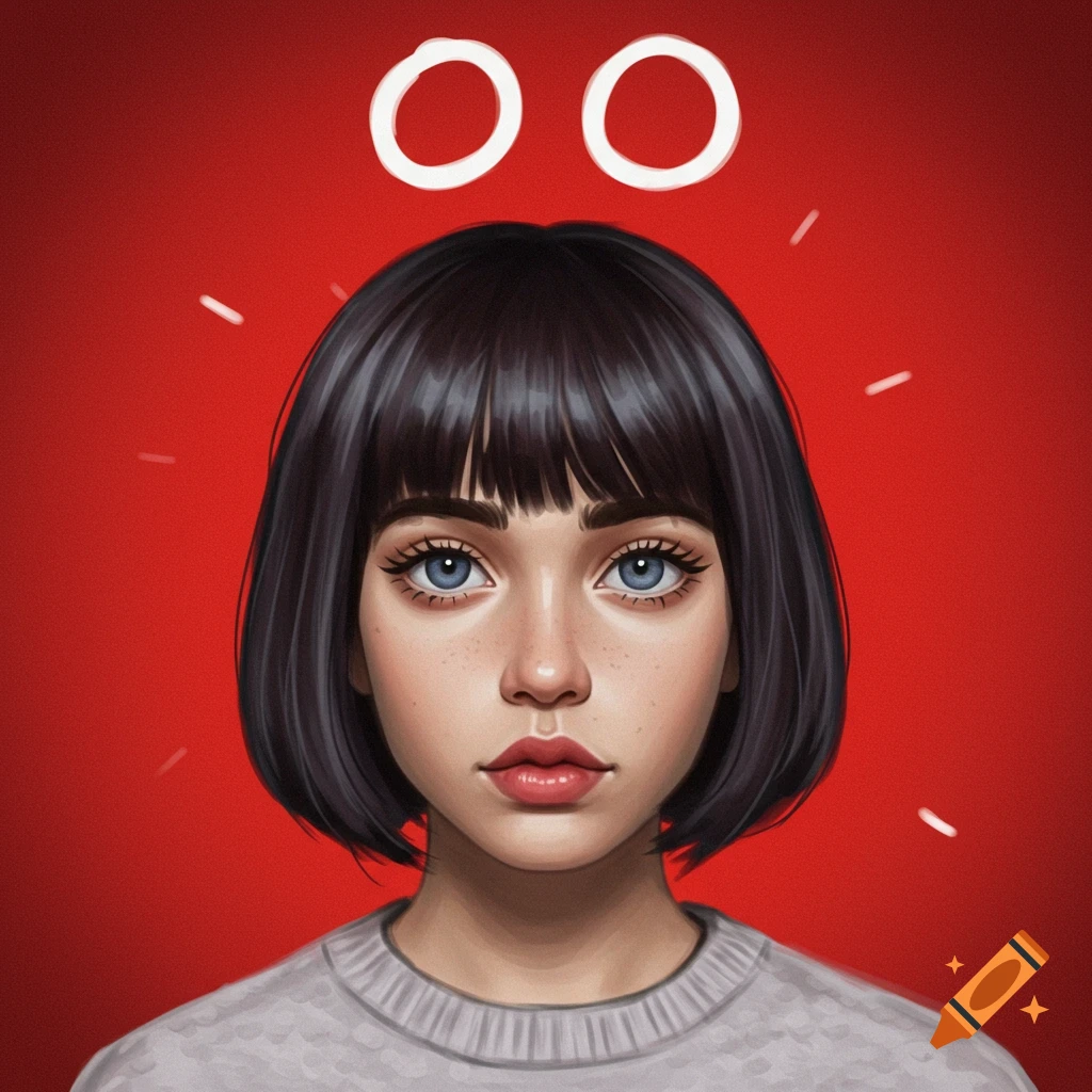A woman with short dark hair and blue eyes against a red background.