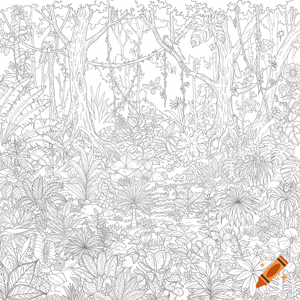 Detailed line art drawing of a lush jungle with plants, trees, birds, and a butterfly.