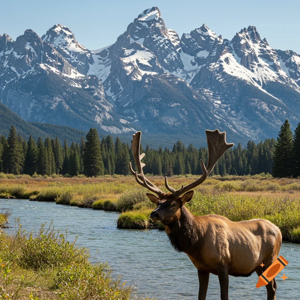 A large elk with antlers stands by a stream, with tall, snow-capped mountains in the background. Photorealistic.