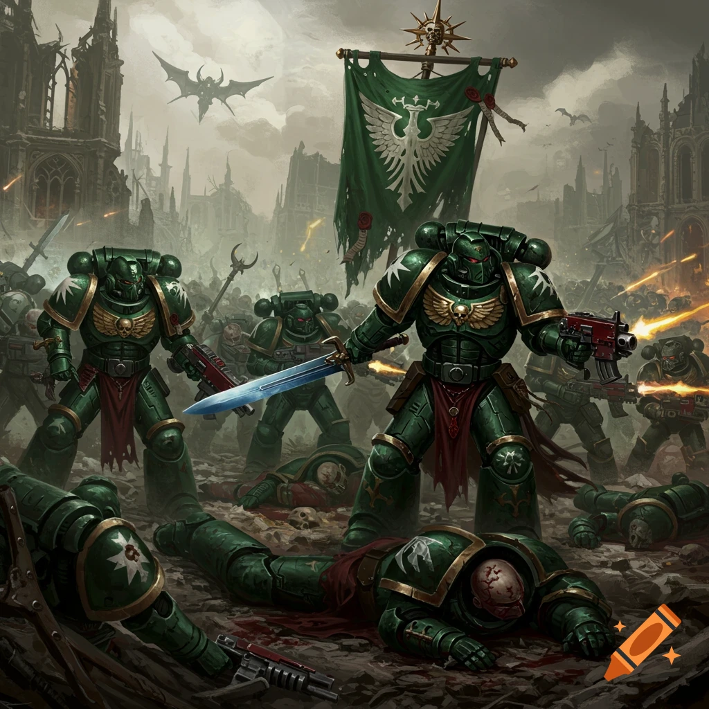 Green Space Marines in battle on a ruined world, with casualties and a banner.