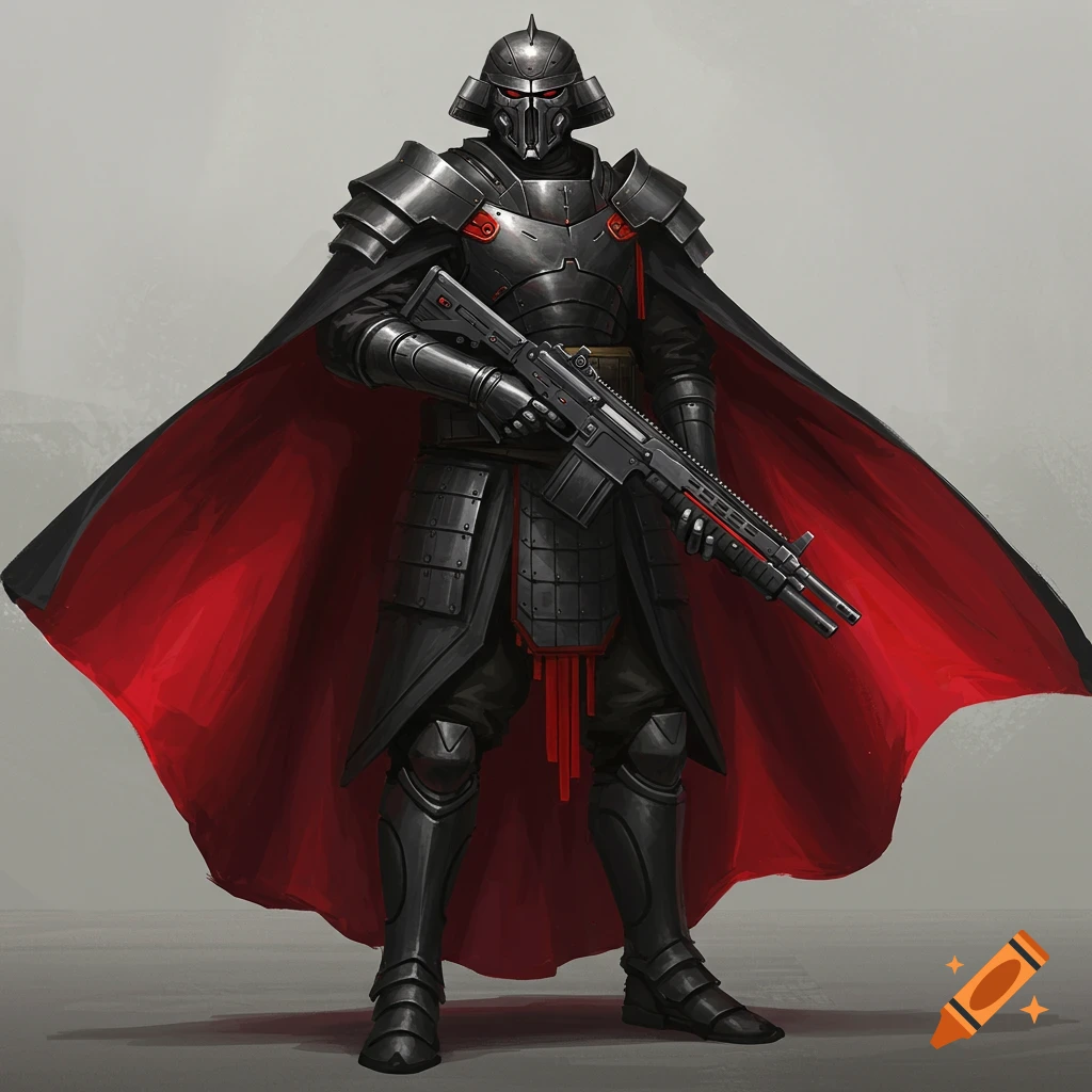 A figure in black samurai-inspired futuristic armor with a red-lined cape holds a rifle.