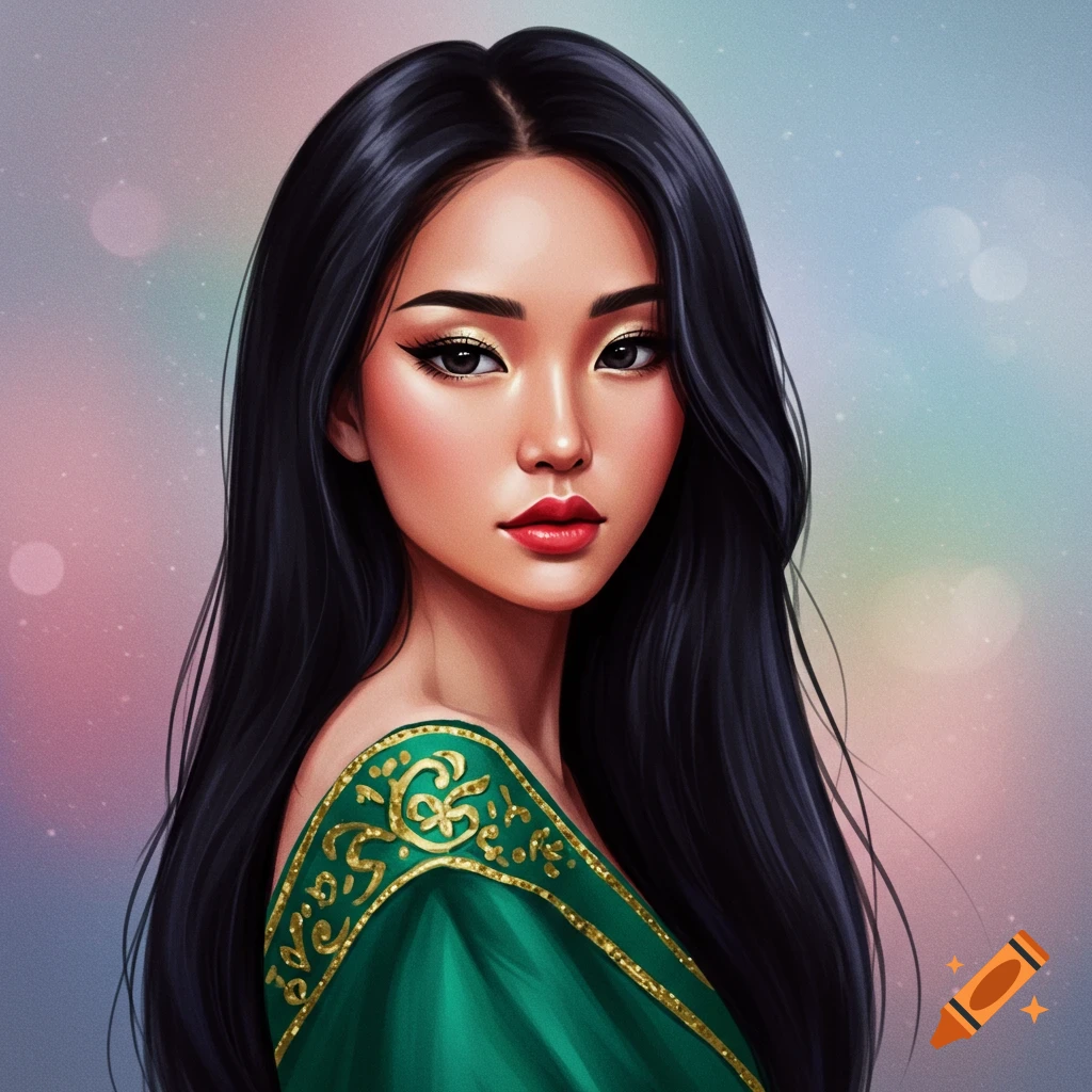 Painting of a woman with black hair in a green dress with gold trim.