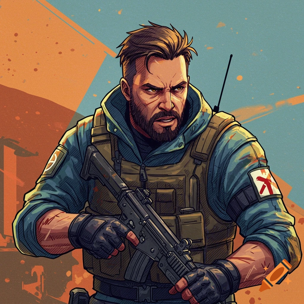 Stylized depiction of a stern soldier in military gear holding an assault rifle.