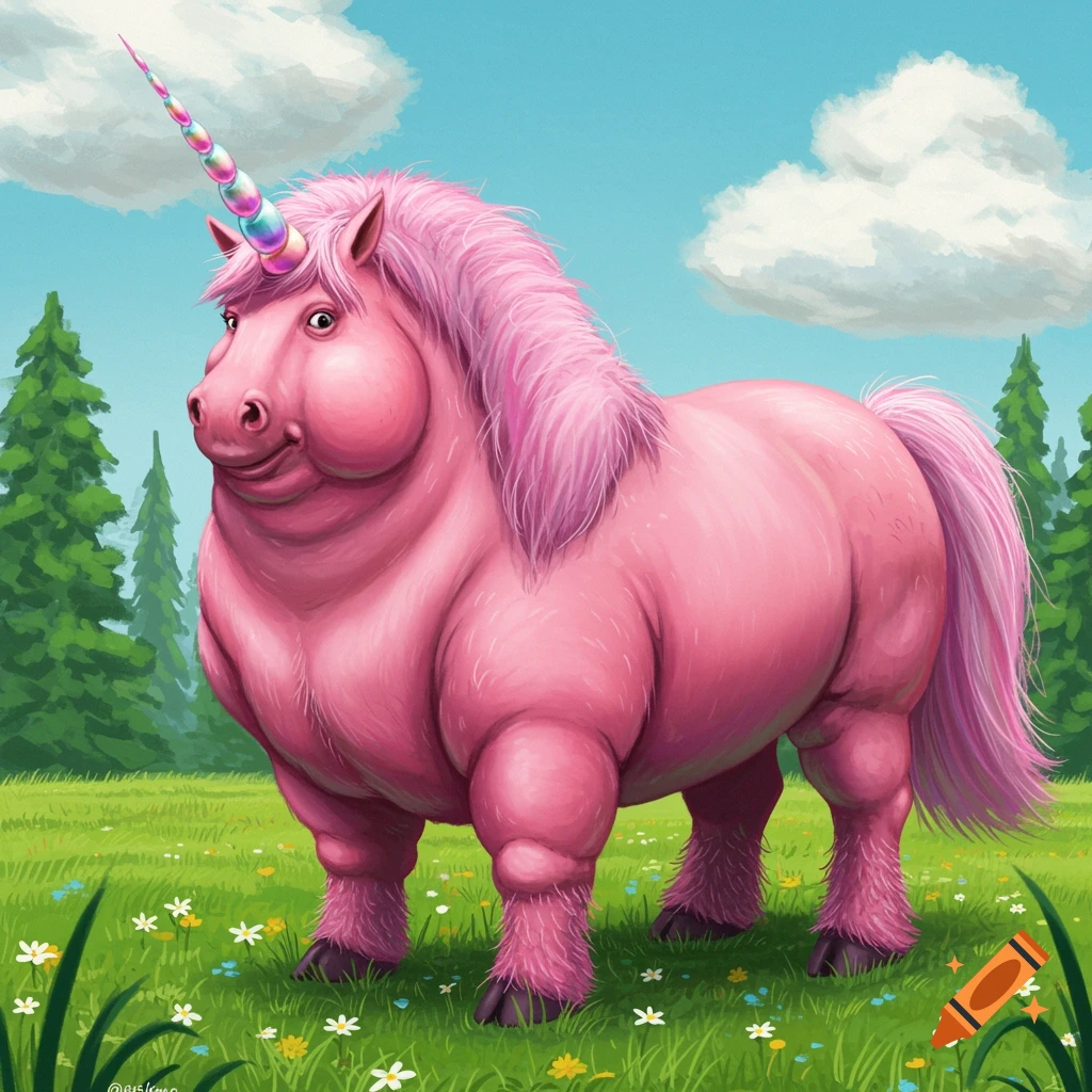 A plump pink unicorn with a rainbow horn and hairy feet stands in a meadow.