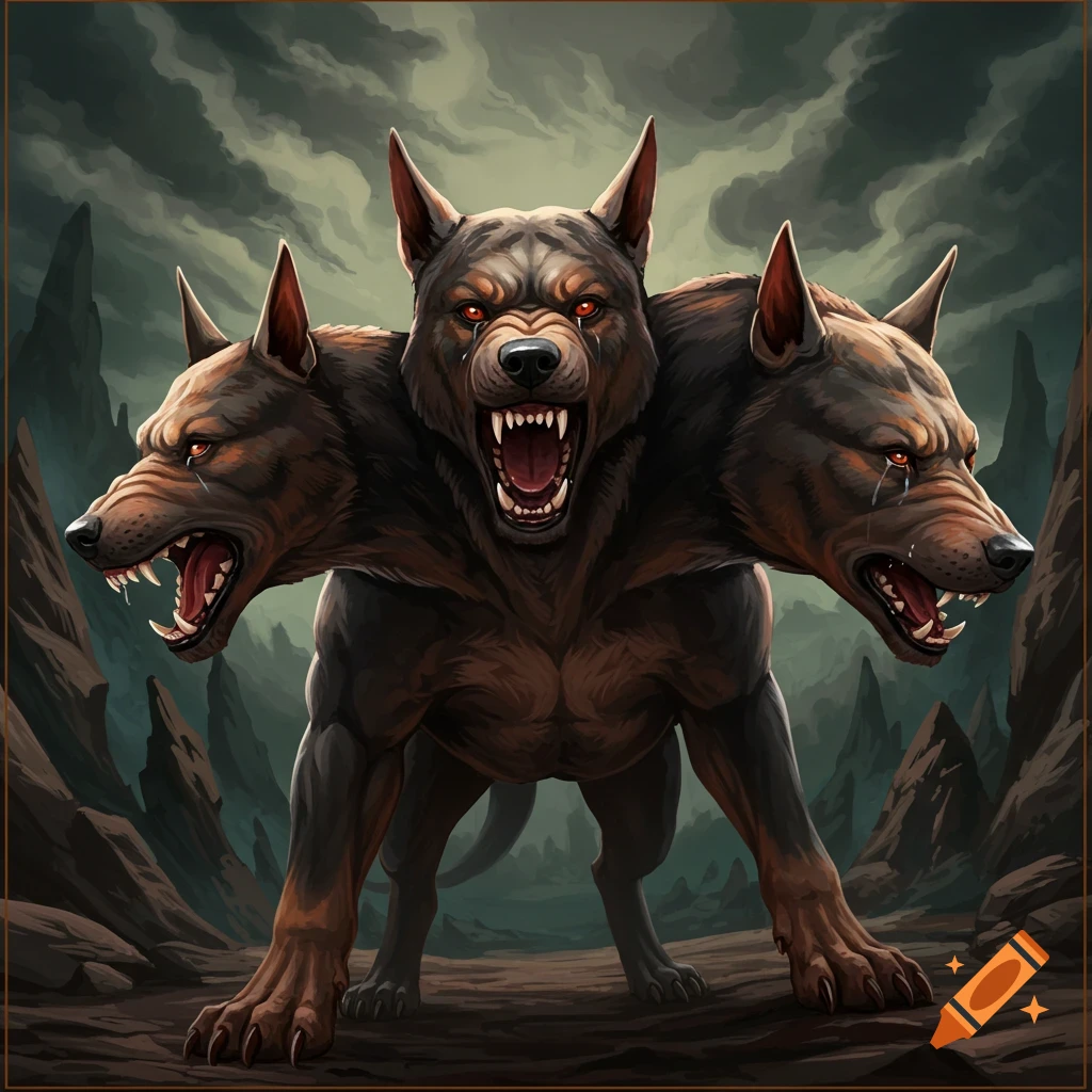 Cerberus, a three-headed dog, roaring in a dark, rocky landscape.
