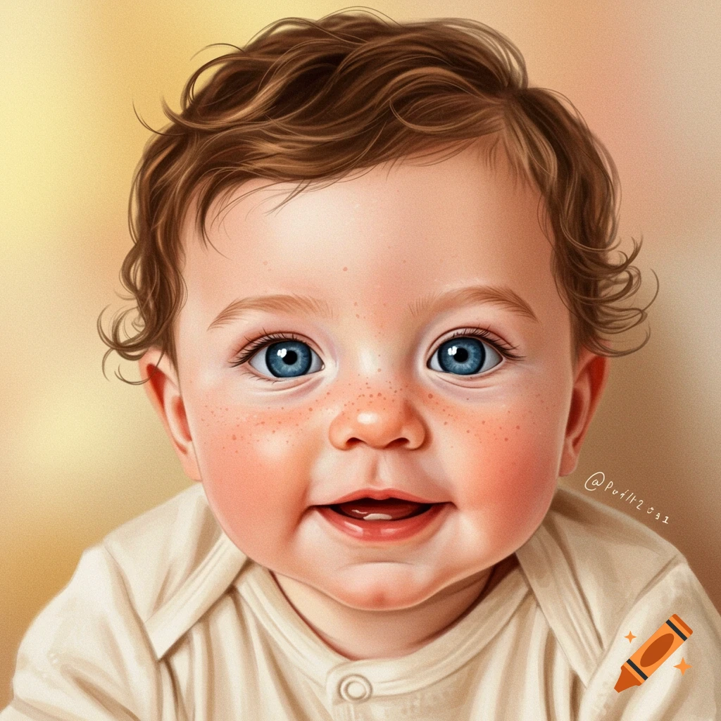Close-up of a smiling baby with blue eyes, freckles, and brown hair wearing a cream onesie.