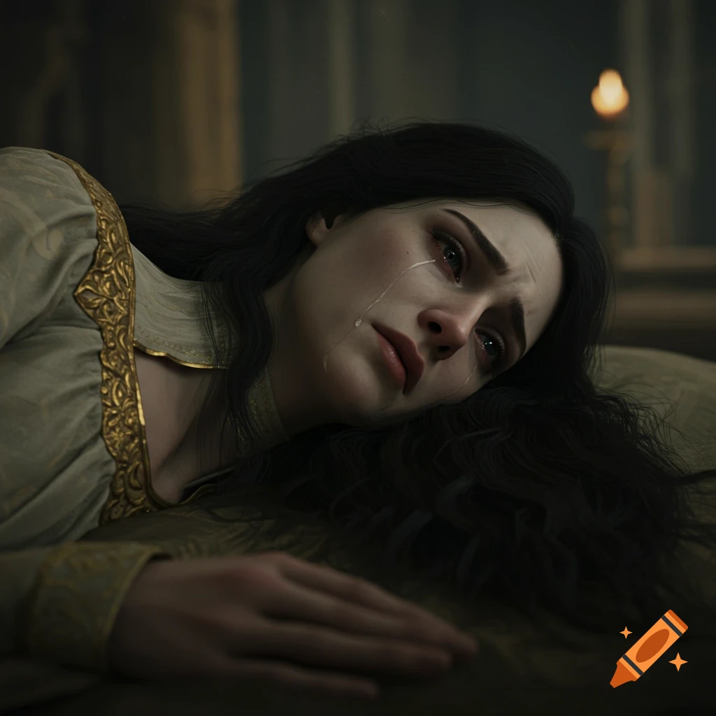 Close-up portrait of a woman in fantasy clothing crying.