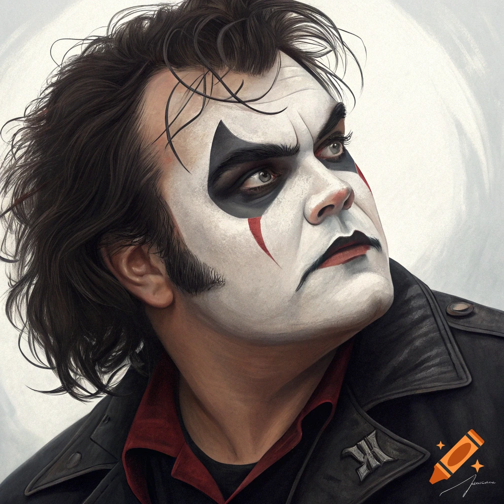 Digital illustration of a man in white, black, and red clown makeup, wearing a black leather jacket.